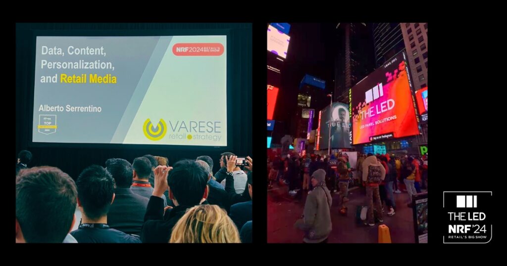 Duas imagens. Na primeira vista de uma palestra com foco em Retail Media. Na segunda publicidade THE LED na Times Square.