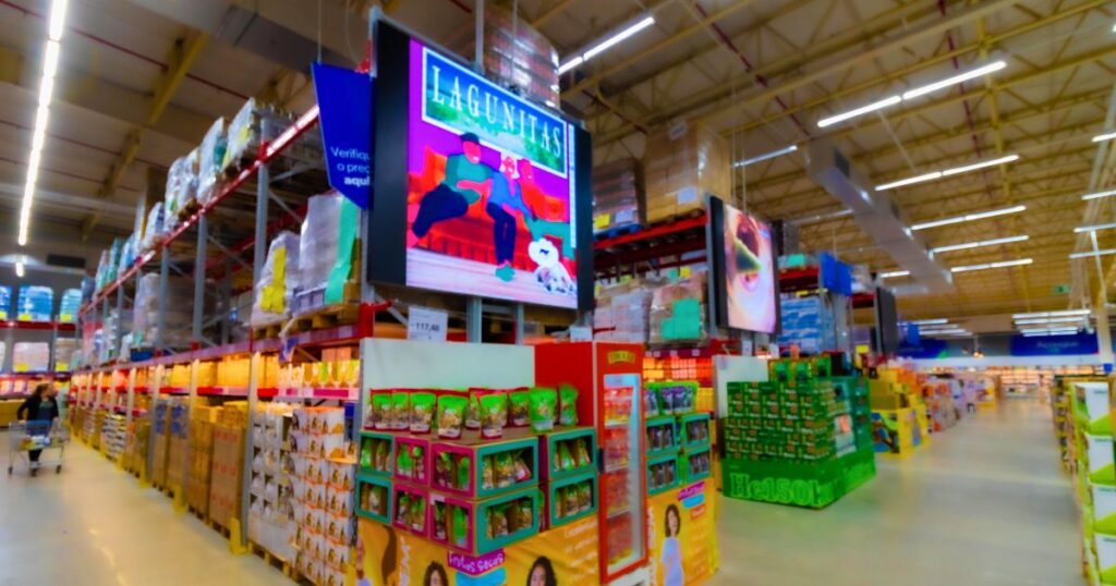 Imagem mostra o interior de um supermercado, cada corredor possui anúncios publicitários de marcas que são exibidos em painéis de LED. A imagem serve para exemplificar como a retail media é uma das tendências do varejo em 2024. Além disso, como a tecnologia das telas de LED são muito mais impactantes e dinâmicas que a publicidade estática nesse quesito.